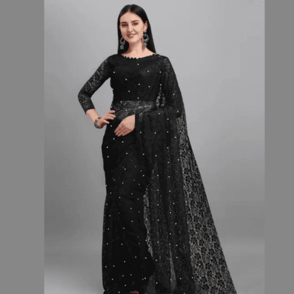 Brasso Net Black Beads & Stones Saree With Blouse